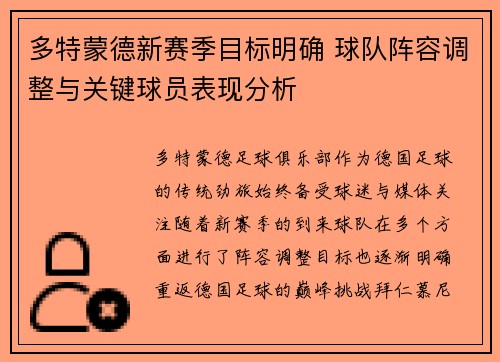 多特蒙德新赛季目标明确 球队阵容调整与关键球员表现分析